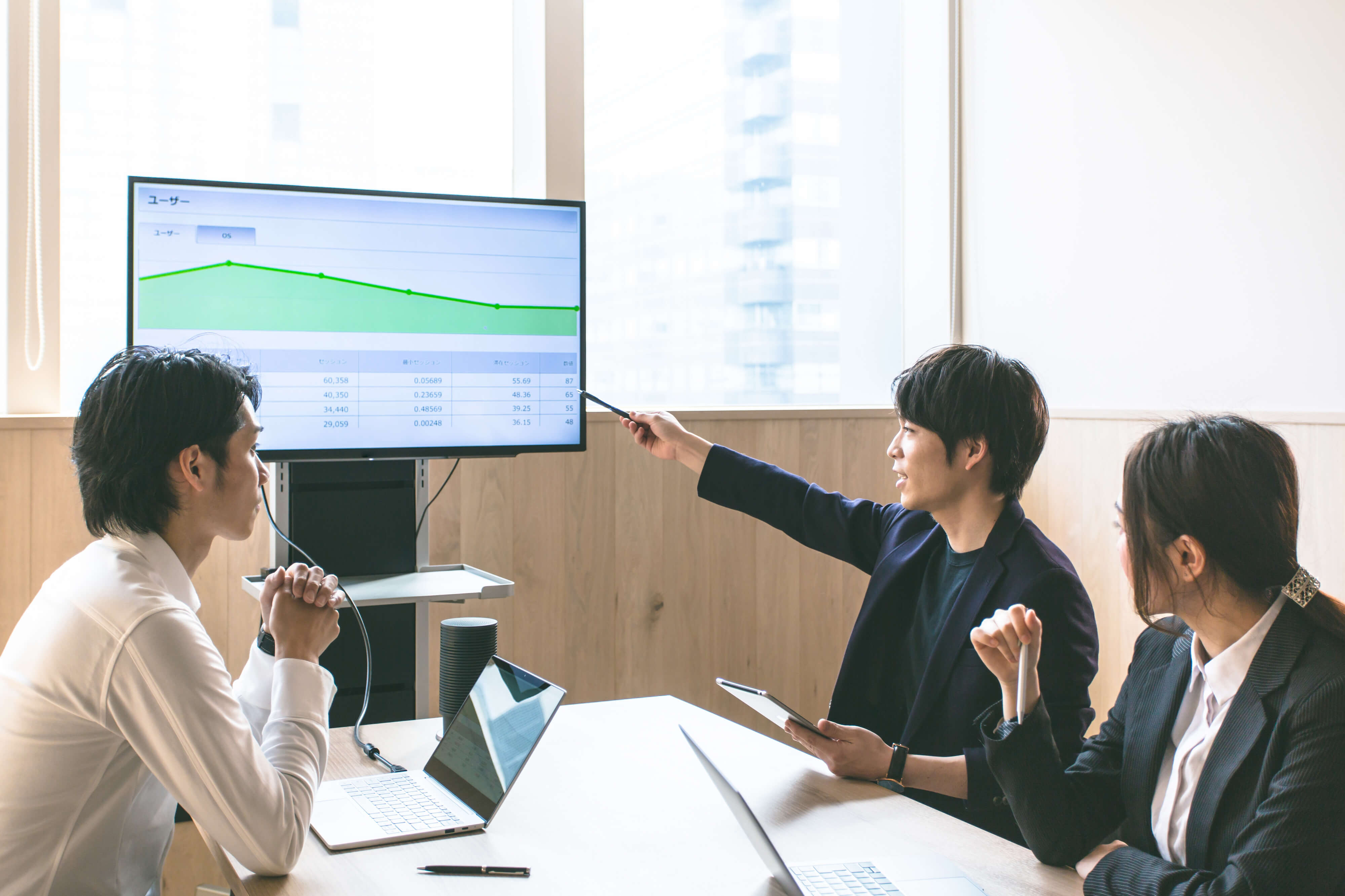 男性社員一人がスクリーンに映し出されたグラフを棒で指し示して説明しており、向かいの男性と隣の女性が真剣に聞いている写真